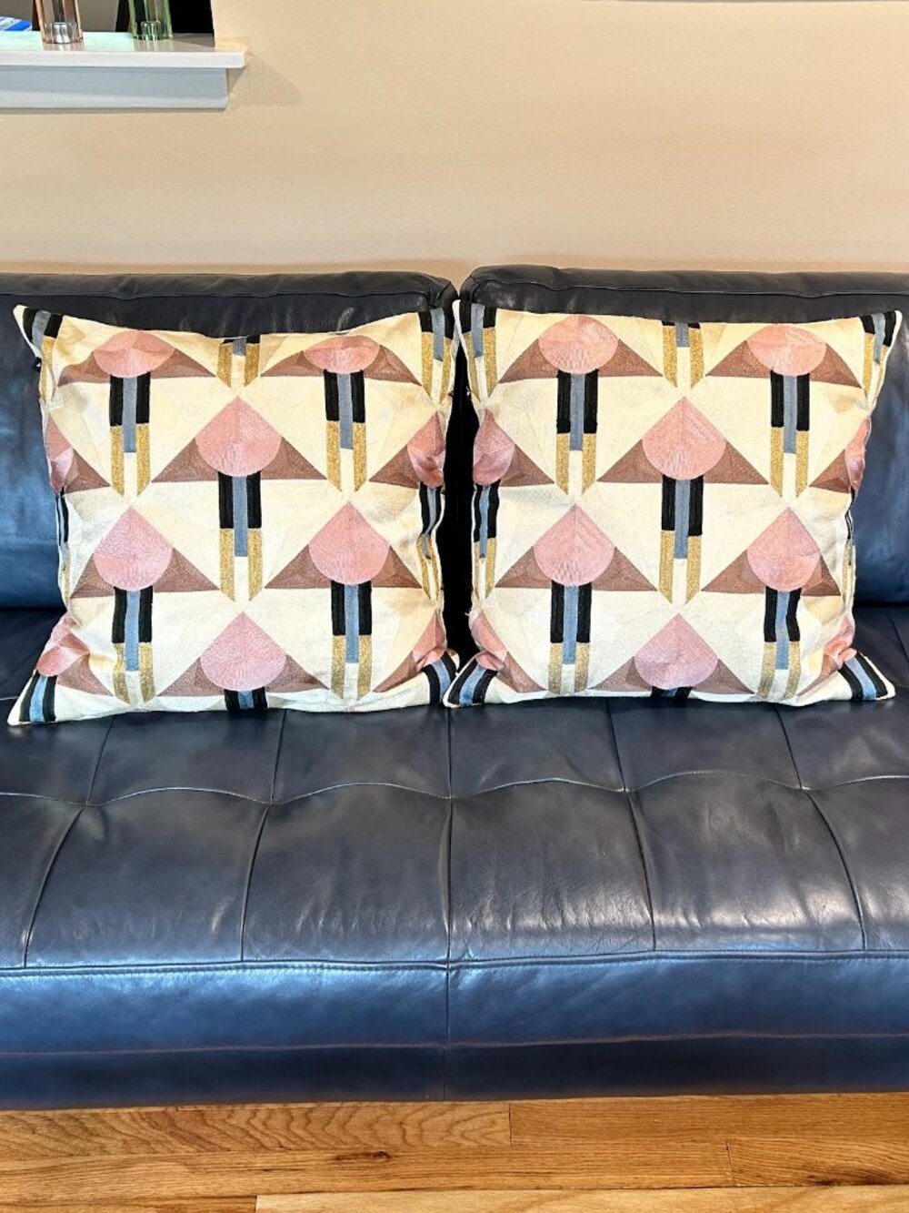 Set of Cream Pink Gold Blue Black Brown Throw Pillows 22X22 EUC Saatvik Rare!